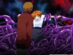 Cute anime caught by tentacles and brutally drilled